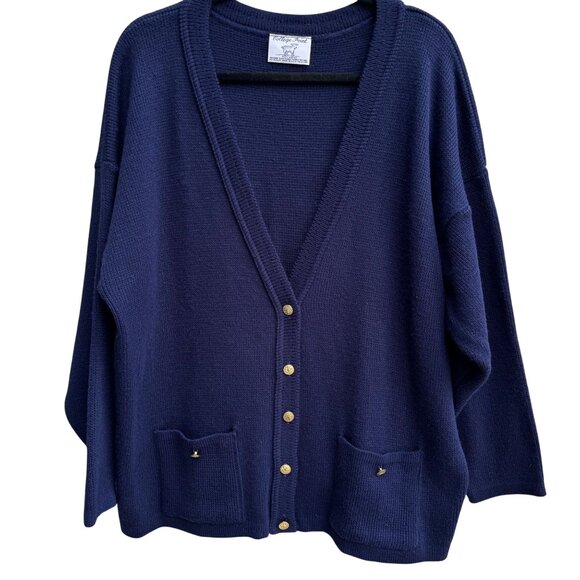 College Point Vintage Navy Gold Buttons Pockets Knit Granny Cardigan Sweater XXL - Picture 1 of 7